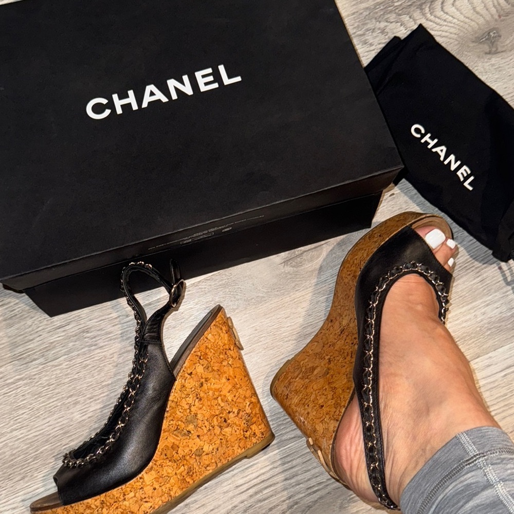 CHANEL Black and Brown Wedge Sandals
